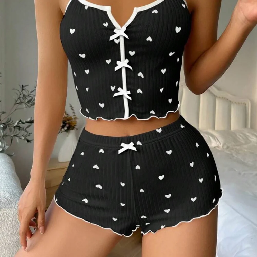 SHEIN | Black Heart Print Contrast Binding Bow Front PJ Short Set